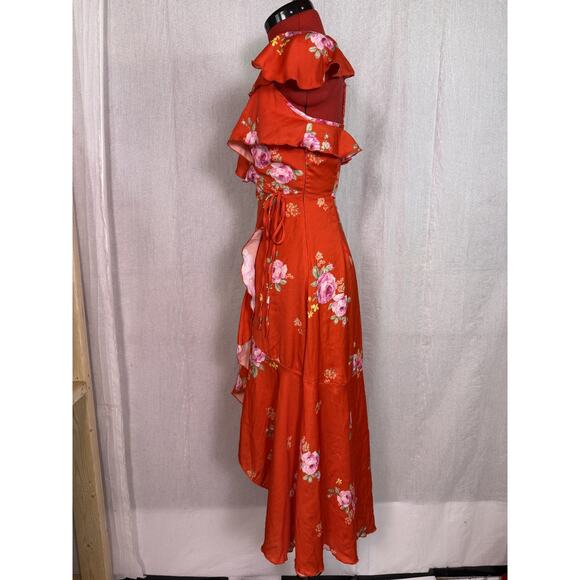 Altar'd State Women's Red Floral Satin Maxi Dress XS V-Neck High Low *read E108 - Picture 5 of 14